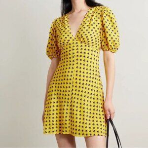 STAUD Milla Printed Crepe de Chine Mini Dress in Yellow Floral – Size 8